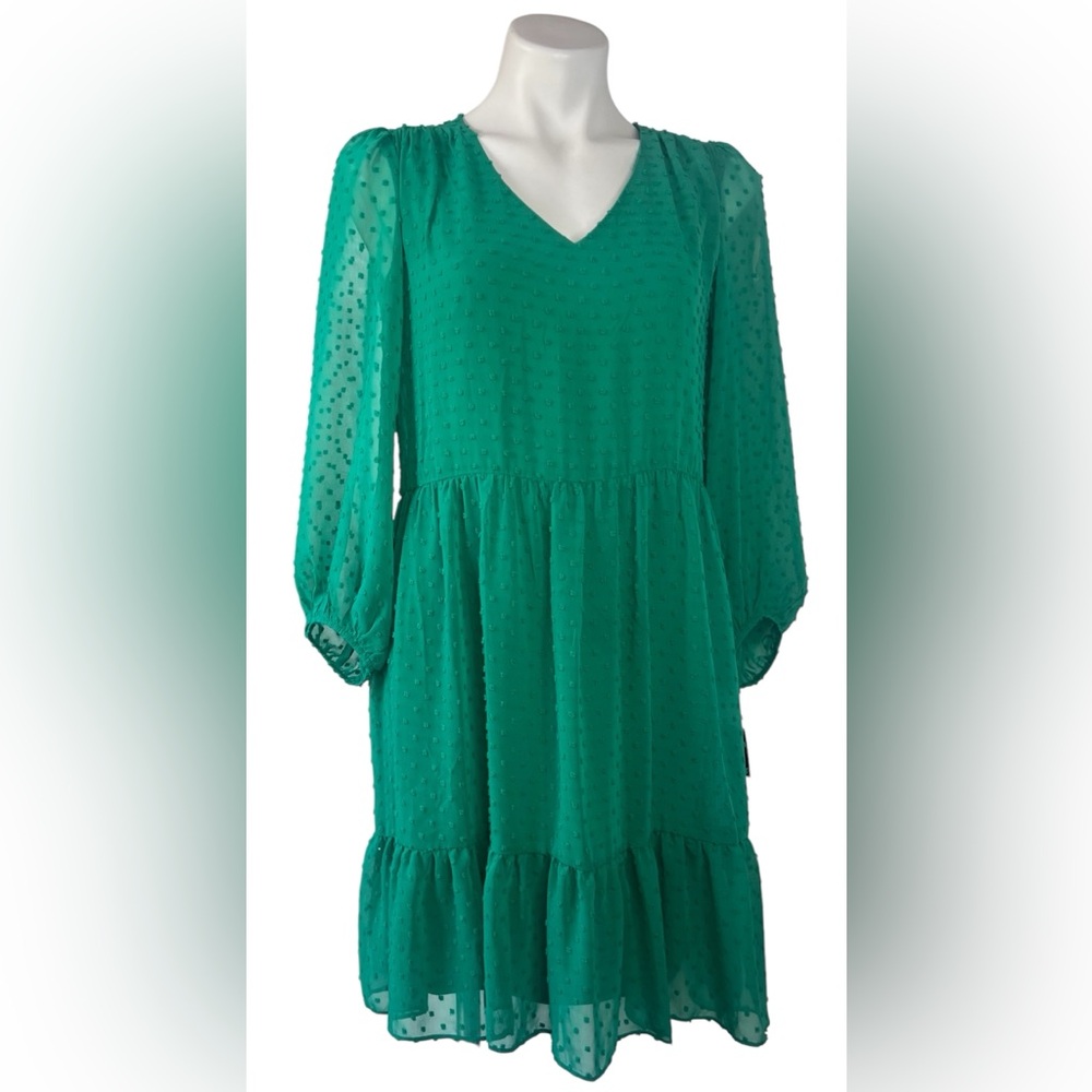 52Seven 3/4 Sleeve polka dot Babydoll lined S Bloused Green Dress 100% POLYESTER